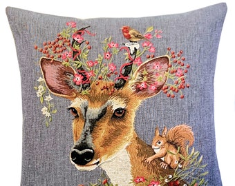 Deer Pillow Cover - Forest Decor - Deer and Squirrel Gift - Deer Lover Gift - Rustic Home Decor - Tapestry Cushion Cover