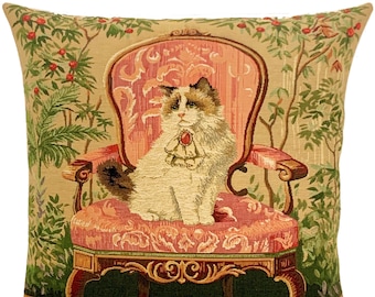 fancy cat pillow cover - cat lover gift - cat decor - cat on a chair - cat cushion cover - tapestry throw pillow