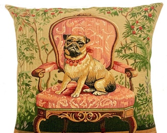 pug pillow cover - pug cushion cover - pug lover gift - fancy throw pillow - dog decor - 18x18 dog pillow - pink chair