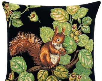 Squirrel Pillow Cover - Squirrel Gift - Forest Decor - Black Throw Pillow - Woven - Tapestry Cushion -18x18 Throw Pillow