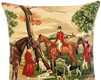 Foxhunt Pillow Cover - English Decor - Foxhunting Gift - Classic Home Decor - Tapestry Cushion 18"x18" - Horses and Beagles