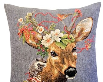 Forest Decor - Stag Pillow Cover - Stag and Hedgehog Gift - Stag Lover Gift - Rustic Accent - Stag Home Decor