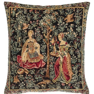 Medieval Tapestry Pillow Cover: Belgian Woven Embroidery Scene (18x18)
