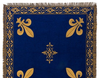 Fleur de Lis tapestry throw - French Decor Throw - 56x56 Belgian Tapestry Throw -  blue chenille throw blanket - TT-07103/33