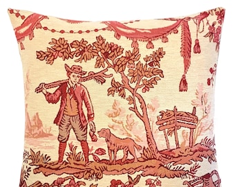 Toile de Jouy Throw Pillow Cover - French Decor - Pastoral Scenery - 18"x18" red tapestry pillow cover - Gobelin Cushion Cover