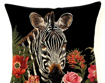 Animal Pillow Cover - Zebra Throw Pillow - Tapestry Cushion Cover - Zebra Gift - Tropical Decor - Flower Pillow - 18x18 Cushion Cover