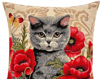 British Shorthair Pillow Cover - Kitten Cushion Cover - Cat Gift - Cat and Poppies Throw Pillow - Jacquard Woven - 18x18 pillow