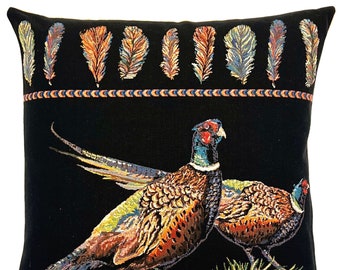 Pheasant Pillow Cover - Hunting Decor - Forest Decor - Black Throw Pillow - Woven - Tapestry Cushion -18x18 Throw Pillow