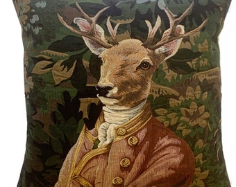 Stag Tapestry Pillow Cover: Victorian Deer Portrait Cushion