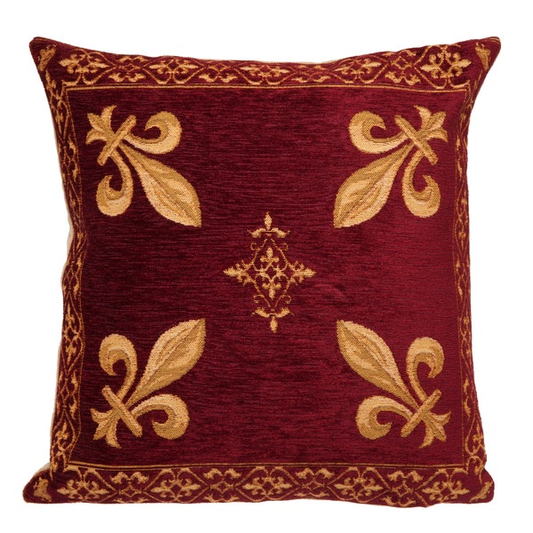 jacquard woven belgian gobelin tapestry cushion pillow cover french Fleur de Lys burgundy red