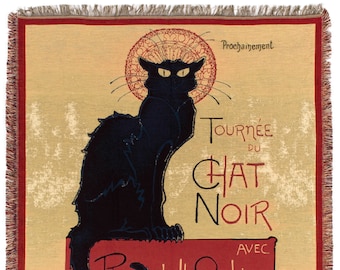 Black Cat Tapestry Blanket - French Decor Throw - 56x56 Belgian Tapestry Throw - Le Chat Noit Throw by Steinlen - TT-7127