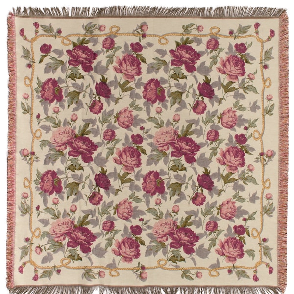 Rosegarden Tapestry Throw Blanket – Floral Fringed Cotton Woven