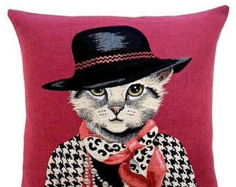 Cat Portrait Cushion Cover- Chanel Lover Gift  - Fashionista Gift - Cat Art - Cat Lover Gift - Cat Throw Pillow - Fun Cat Decor