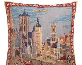 Ghent Decor Gift - Ghent Pillow Cover - Belgian Decor Gift - Towers of Ghent - 18x18 Belgian Tapestry Pillow Cover