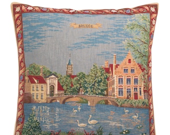 Bruges Decor Gift - Bruges Pillow Cover - Belgian Decor Gift - Bruges Swan Lake - 18x18 Belgian Tapestry Pillow Cover