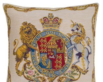 Coat of Arms Pillow Cover  - Crest Cushion Cover - Honi Soit Qui Mal Y Pense - Lion and Unicorn Decor - Order of the Garter