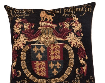 Coat of Arms Pillow Cover  - Crest Cushion Cover - Fleur de Lis and Lion Crest - Order of the Garter - English Crest