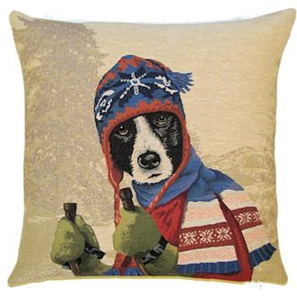 Border Collie Pillow Cover - Mountain Winter Sports Decor -  Ski Decor - Lodge Decor - Dog Lover Gift - Lodge Throw Pillow