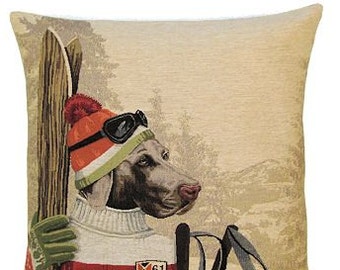 Weimaraner Throw Pillow Cover, Winter Mountain Decor, 18x18 Belgian Tapestry Pillow Cover, Weimaraner Gift, Ski Decor, Ski Gift