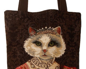 belgian gobelin tapestry tote bag cat with crown jacquard woven