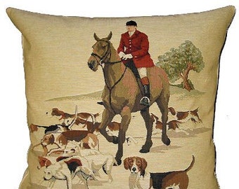 jacquard woven belgian tapestry cushion foxhunter with beagles