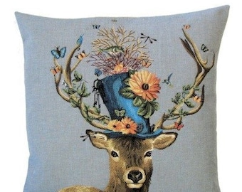 Stag Pillow Cover - Stag with Hat Pillow - Fabfunky Pillow Cover - 18x18 Belgian  Tapestry Cushion - Stag Gift - Steampunk Stag