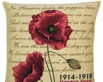 jacquard woven belgian tapestry cushion with Flanders Fields poppies and John Mc Crae poem