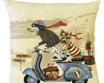 Dalmatian and Yorkshire Terrier Pillow Cover with Blue Vespa Scooter - 18x18 Belgian Tapestry Pillow Cover - Dalmatian Gift  - Dog Decor