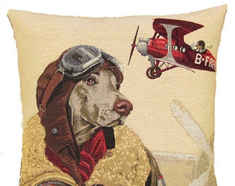 Weimaraner Bomber Pilot Pillow Cover - 18x18 Belgian Tapestry Throw Pillow - Weimaraner Lover Gift - PC-5153