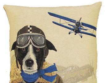 Border Collie Bomber Pilot Pillow Cover - 18x18 Belgian Tapestry Cushion Cover