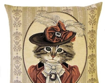 Cat Lover Gift - Cat Portrait - belgian tapestry pillow cover - cat pillow cover - cat with hat - victorian cat decor