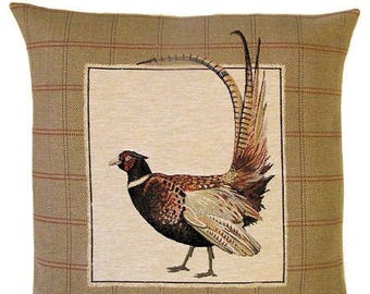 jacquard woven belgian gobelin tapestry cushion throw pillow cover pheasant with tails up 18x18 - PC-5209