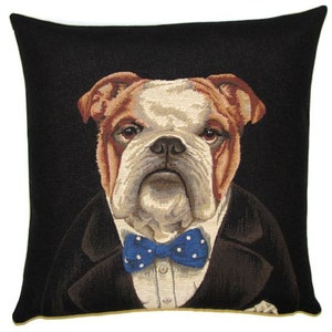 English Bulldog with Bowtie Pillow Cover - 18x18 Tapestry Cushion Cover - Churchill Throw Pillow Cover - Dog Lover Gift - Funny Dog Pillow