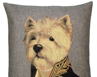 jacquard woven belgian tapestry cushion dressed up westy westland terrier by Thierry Poncelet