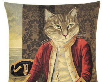 Cat Lover Gift - belgian tapestry cushion cover - Cat Gift - Susan Herbert Cat Portrait - Captain Nelson dressed cat - PC-5168