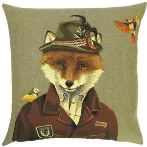 fFox 装飾枕 - 鳥の衣装を着たキツネの枕カバー - 18x18 ベルギータペストリー枕カバー - 森の装飾クッションカバー