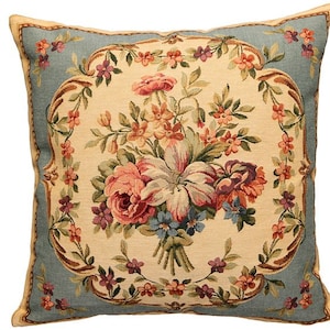 Belgian Tapestry Pillow Cover: French Floral Bouquet Cushion (18x18)