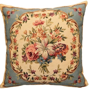 French Decor Pillow Cover - French Decor Gift - 18x18 Belgian Tapestry Cushion - Flower Bouquet Throw Pillow -Floral Cusshion Cover