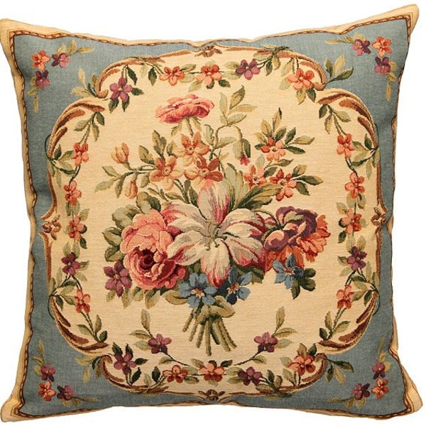 Housse de coussin décor français - cadeau décor Français - coussin de tapisserie belge 18 x 18 - coussin de bouquet de fleurs - couverture de coussin floral