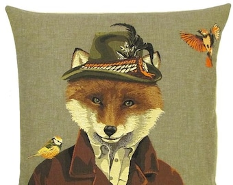 fFox decorative pillow - Dressed Fox Pillow Cover with Bird - 18x18 Belgian Tapestry Pillow Cover - Forest Decor Cushion Cover