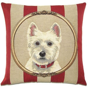 jacquard woven belgian tapestry gobelin cushion cover with framed westland westy terrier on wallpaper background 18"x18" - PC-5332