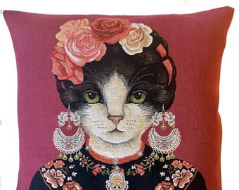 Frida Kahlo Decor - Frida Kahlo Cushion Cover - Cat Art - Cat Portrait - Red Decorative Throw Pillow - Tapestry Pillow Cover - For Her