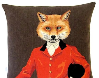 fox hunter pillow - fox lover gift - fox decor - fox throw pillow - dressed fox cushion cover - fox throw pillow - brown pillow -PC-5347