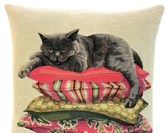 British shorthair gift - Cat Throw Pillow - Cat Cushion Cover - Cat Decor - 18x18 Belgian Tapestry Cushion  - PC-5661