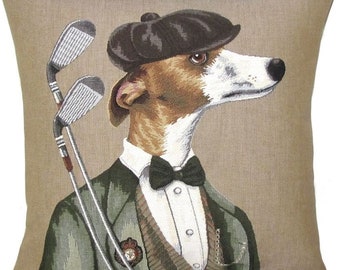 greyhound whippet golfplayer jacquard woven belgian gobelin  tapestry cushion cover throw pillow for him - PC-5613
