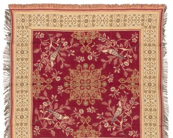 Red Chinoiserie Throw Blanket - Bird Design Tapestry Throw - 56x56 Belgian Tapestry Throw - Floral Throw Blanket - TT-753/70