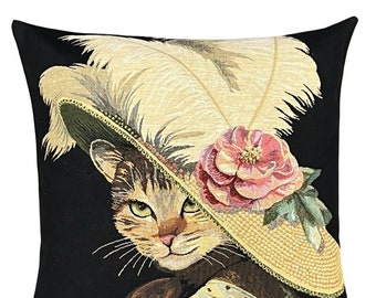 Cat Lover Gift - Cat Portrait - belgian tapestry pillow cover - cat pillow cover - cat with hat - victorian cat decor