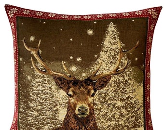 Stag Pillow Cover - Christmas Decor - Christmas Gift - Stag Lover Gift - Jacquard Woven - Stag Throw Pillow