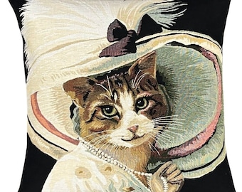Victorian Cat Tapestry Pillow Cover: Belgian Cotton Cat with Hat