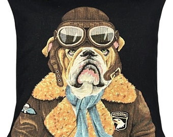 English Bulldog Tapestry Pillow Cover: Aviation Dog Gift (18x18)